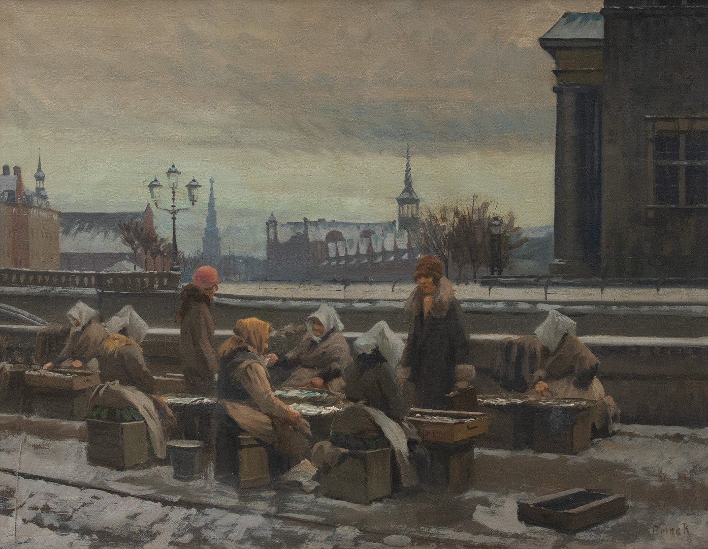 Søren Christian Bjulf (Danmark 1890-1958), Brink, Fiskemarked på Gl. Strand, Olie på lærred, signeret.