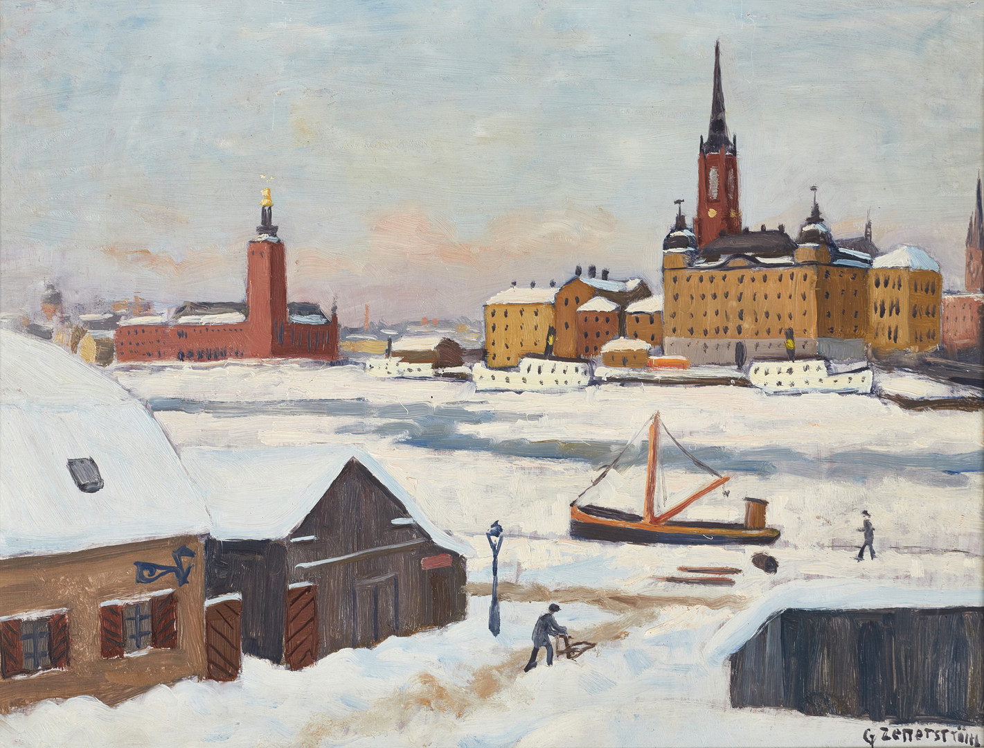 GUNNAR ZETTERSTRÖM (1902–1965). Vy mot Stockholms Stadshus, signerad G Zetterström, olja på pannå.