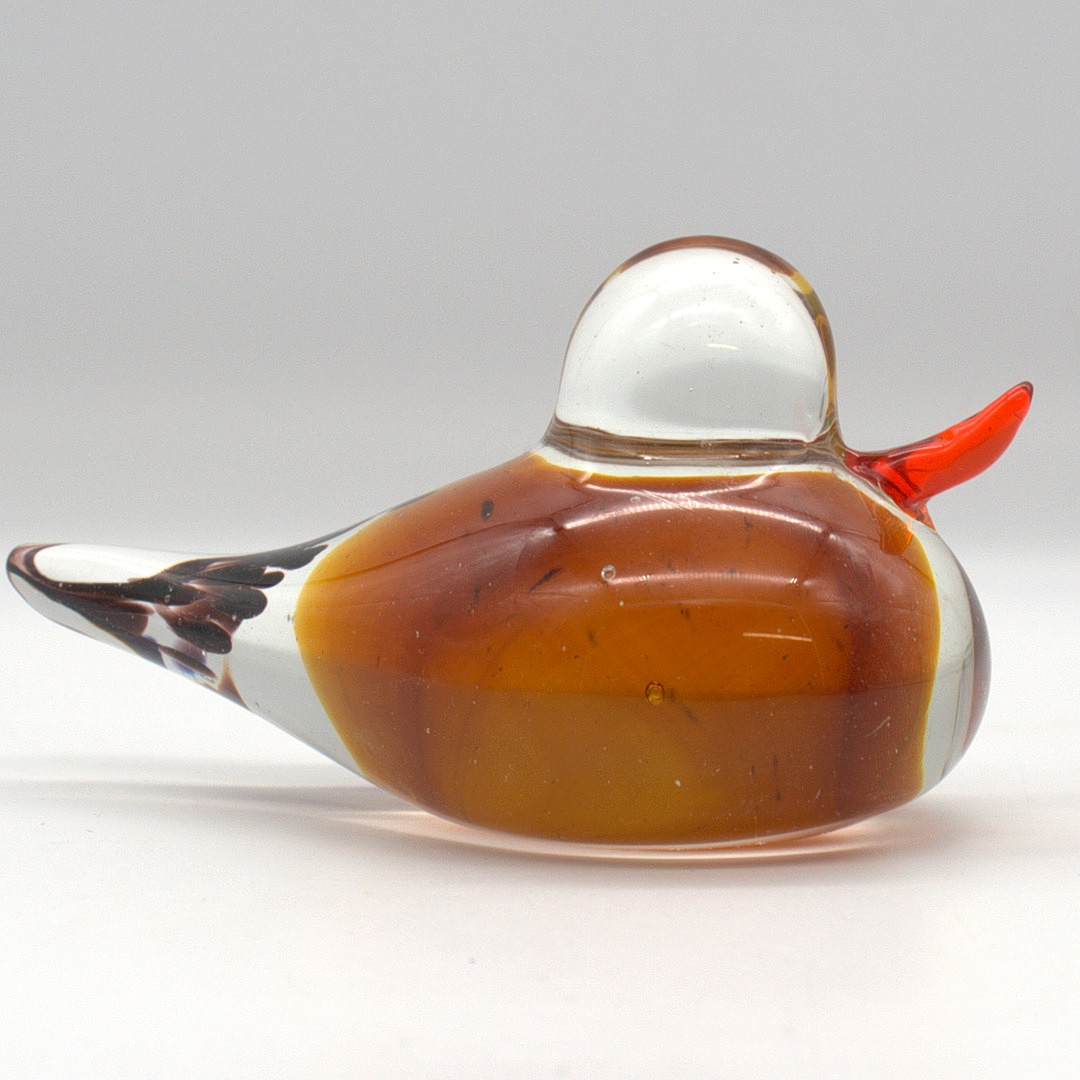 DESIGNER BRIEFBESCHWERER IN FORM EINES PLATISCHEN VOGELS, MUNDGEBLASEN UM 1950.
