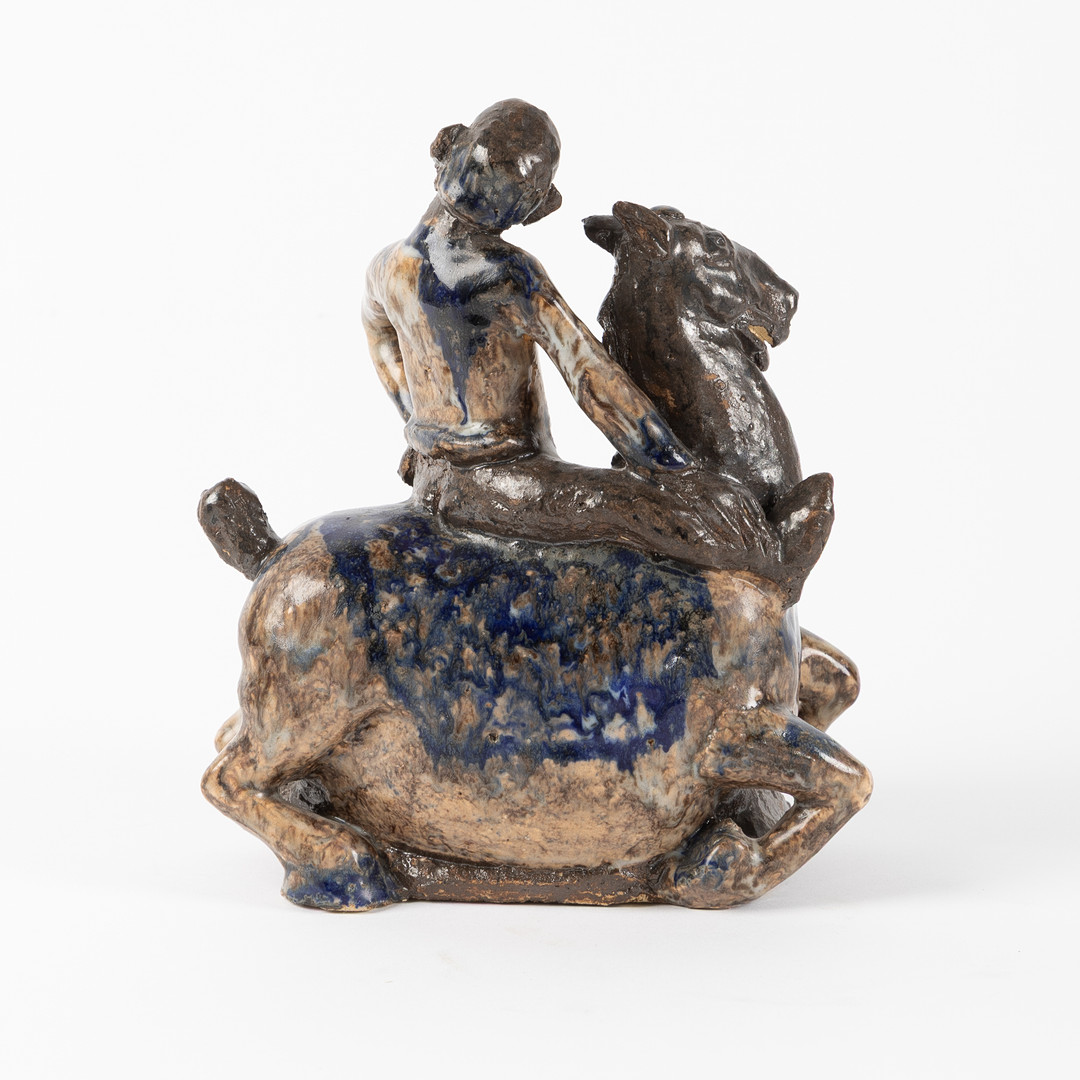 ÅKE HOLM. Häst med ryttare, brunblå glasyr, Höganäs, 1940-tal, unik.