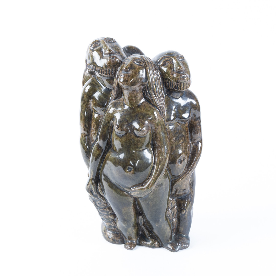ÅKE HOLM. "Utvisandet ur paradiset", glaserat lergods, Höganäs, omkring 1940/50-talet.