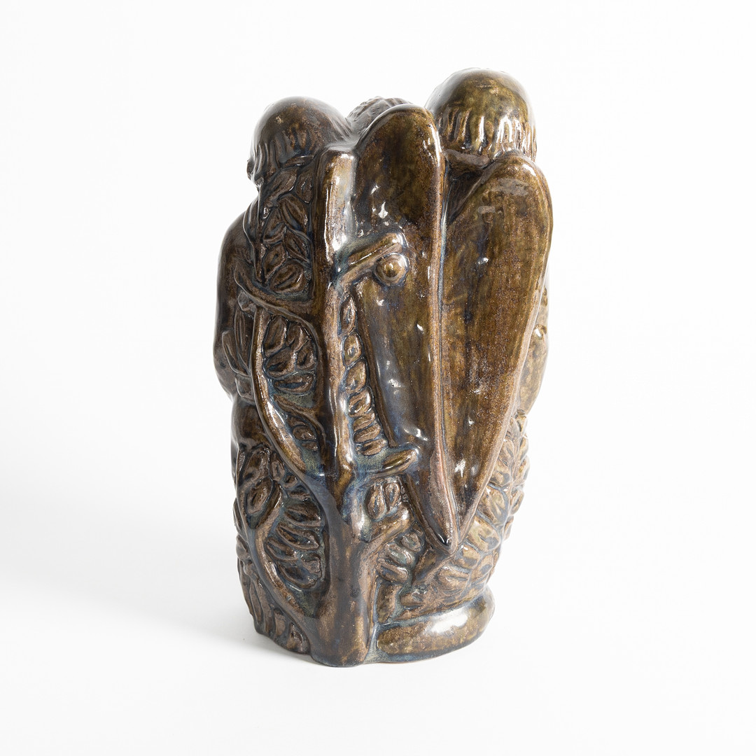 ÅKE HOLM. "Utvisandet ur paradiset", glaserat lergods, Höganäs, omkring 1940/50-talet.
