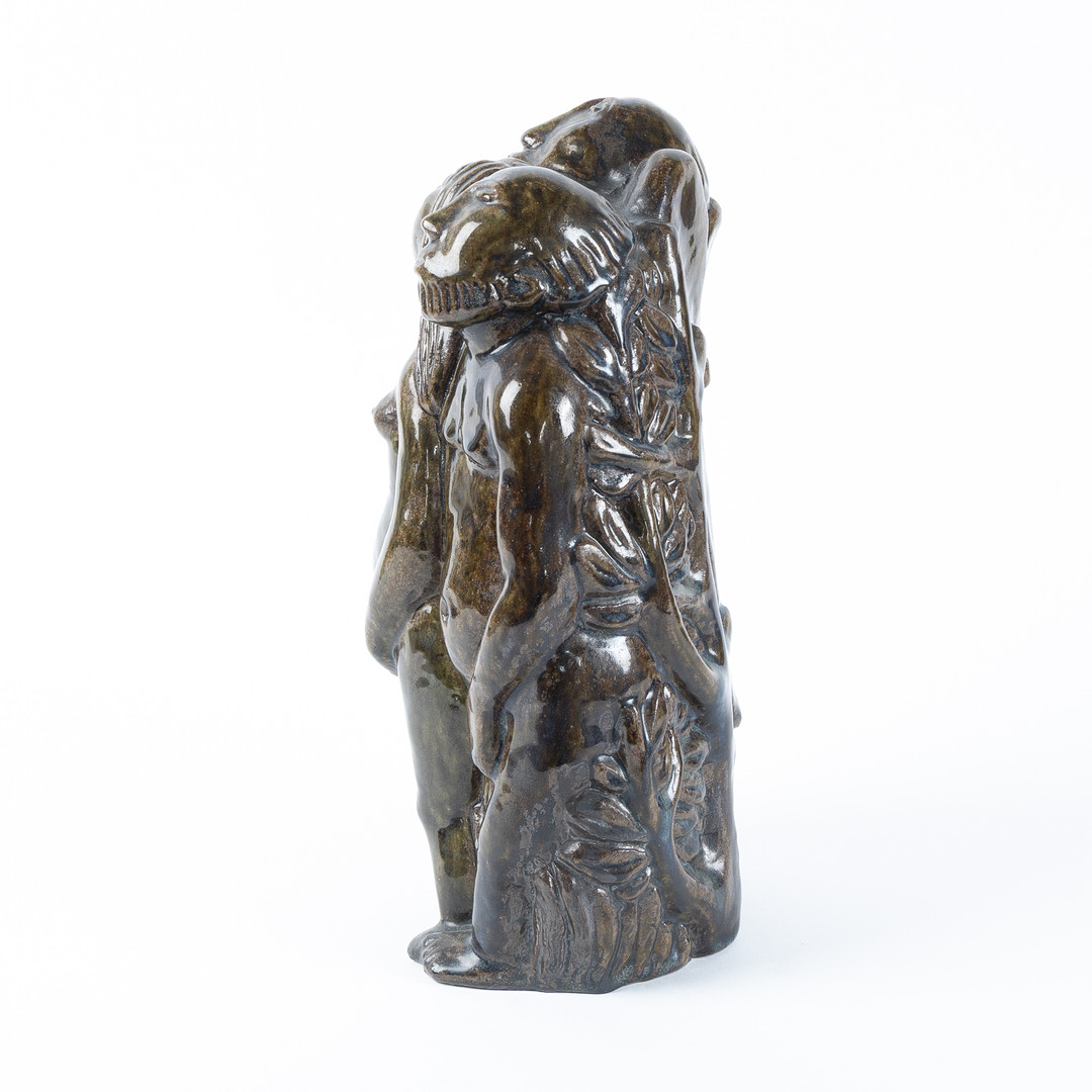 ÅKE HOLM. "Utvisandet ur paradiset", glaserat lergods, Höganäs, omkring 1940/50-talet.
