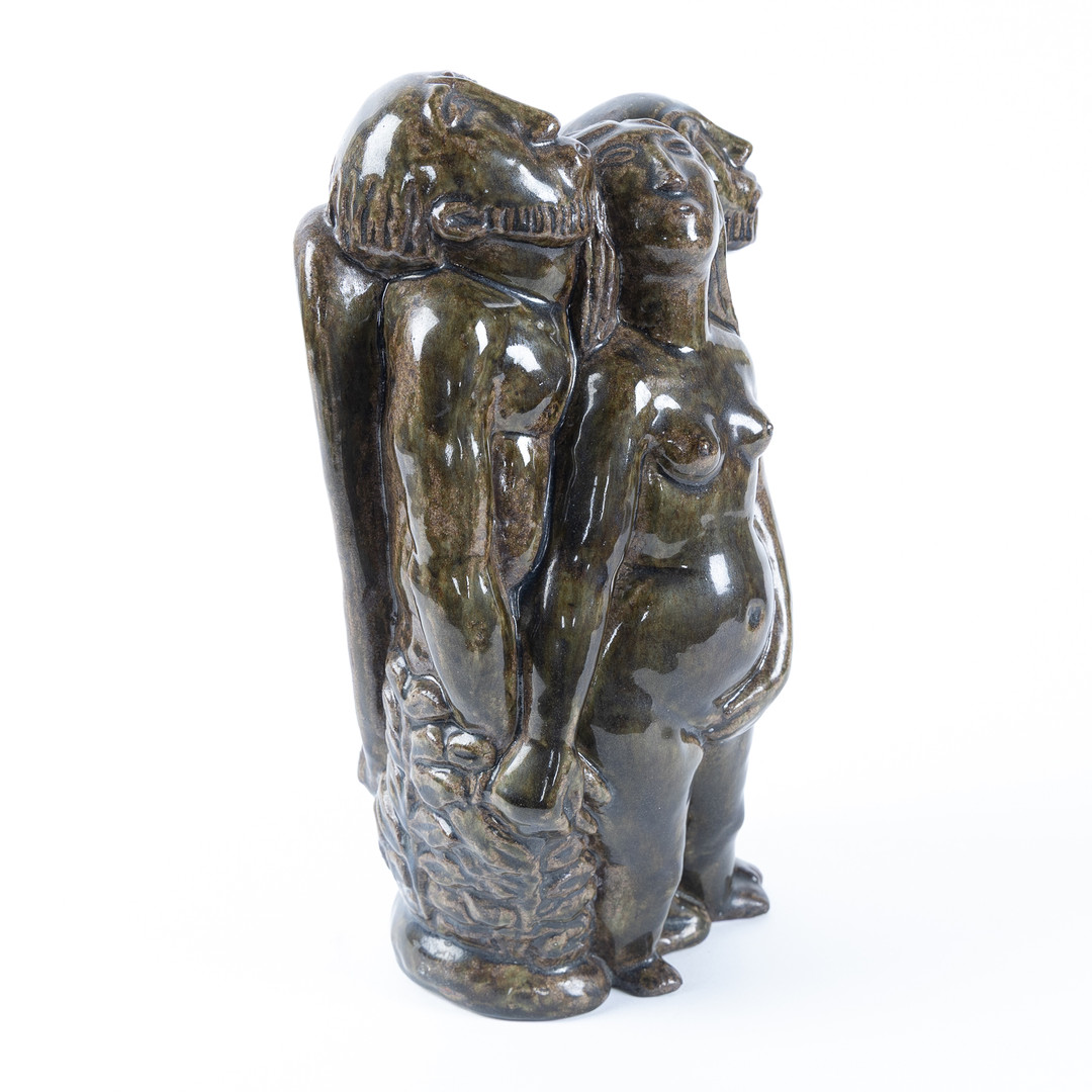ÅKE HOLM. "Utvisandet ur paradiset", glaserat lergods, Höganäs, omkring 1940/50-talet.