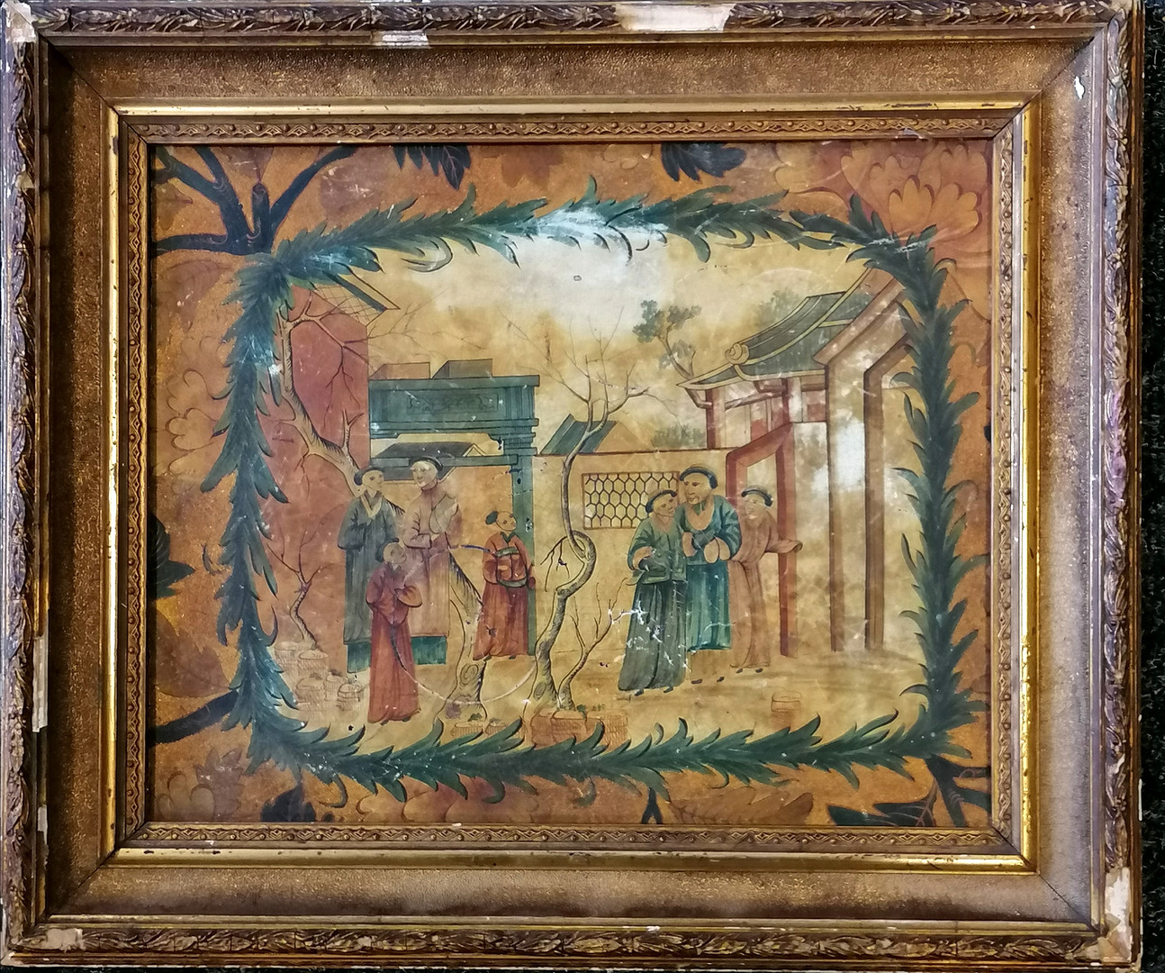 *ANTIQUE CHINOISERIE PAINTING ON PANEL.