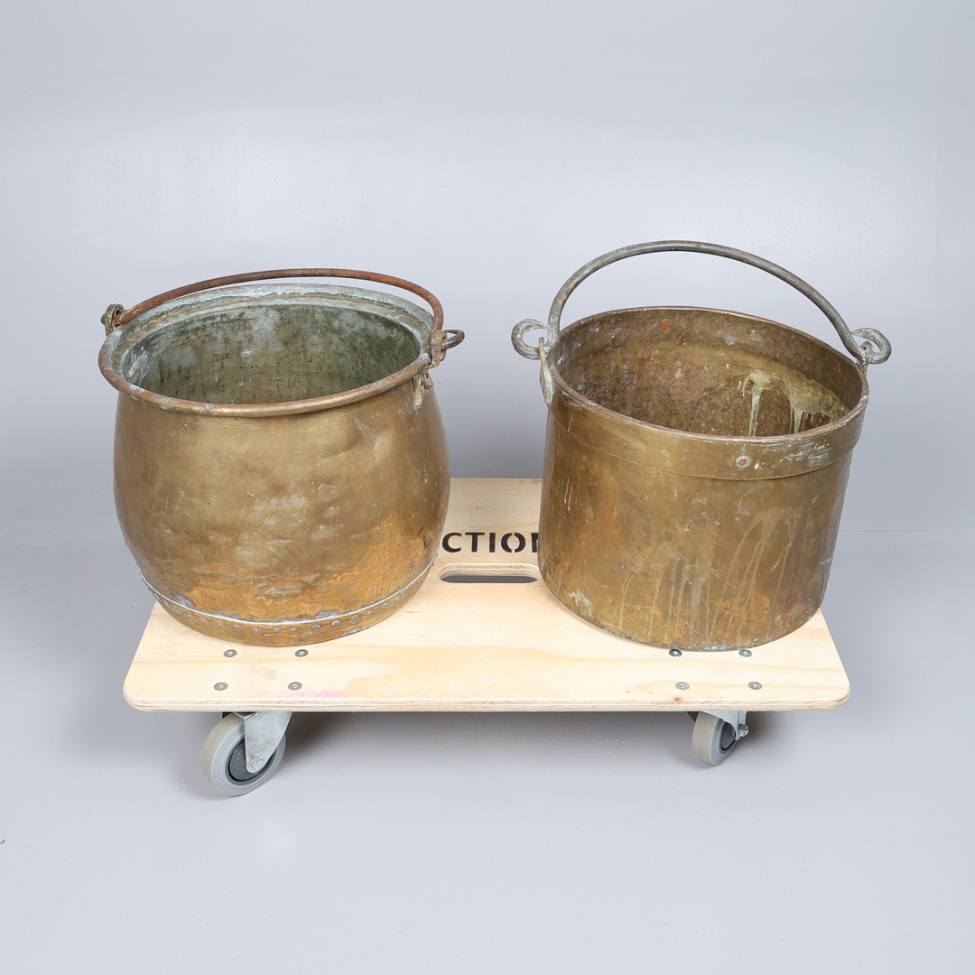 2 LARGE BRASS CAULDRONS OR STOCK POTS.