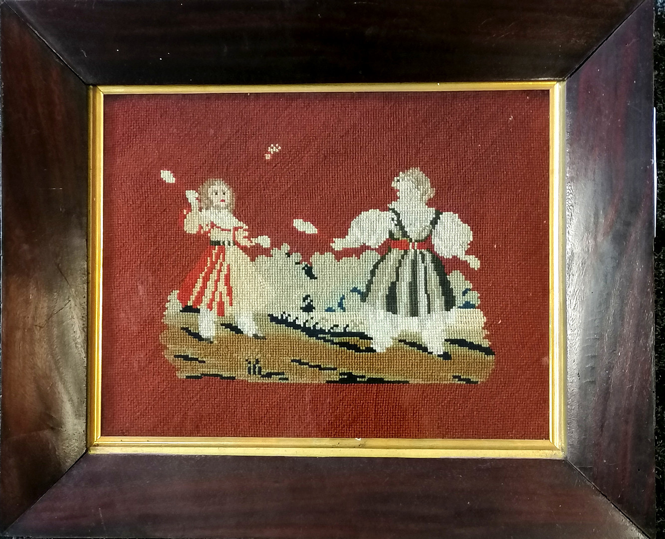 *ANTIQUE WOODEN FRAMED TAPESTRY.