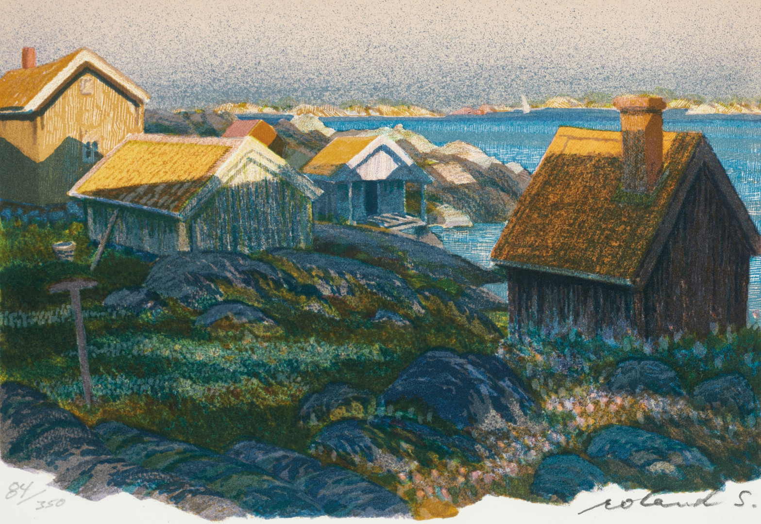ROLAND SVENSSON (1910-2003). "Sommarkväll i storskärgården", signerad och numrerad 84/350, färglitografi.