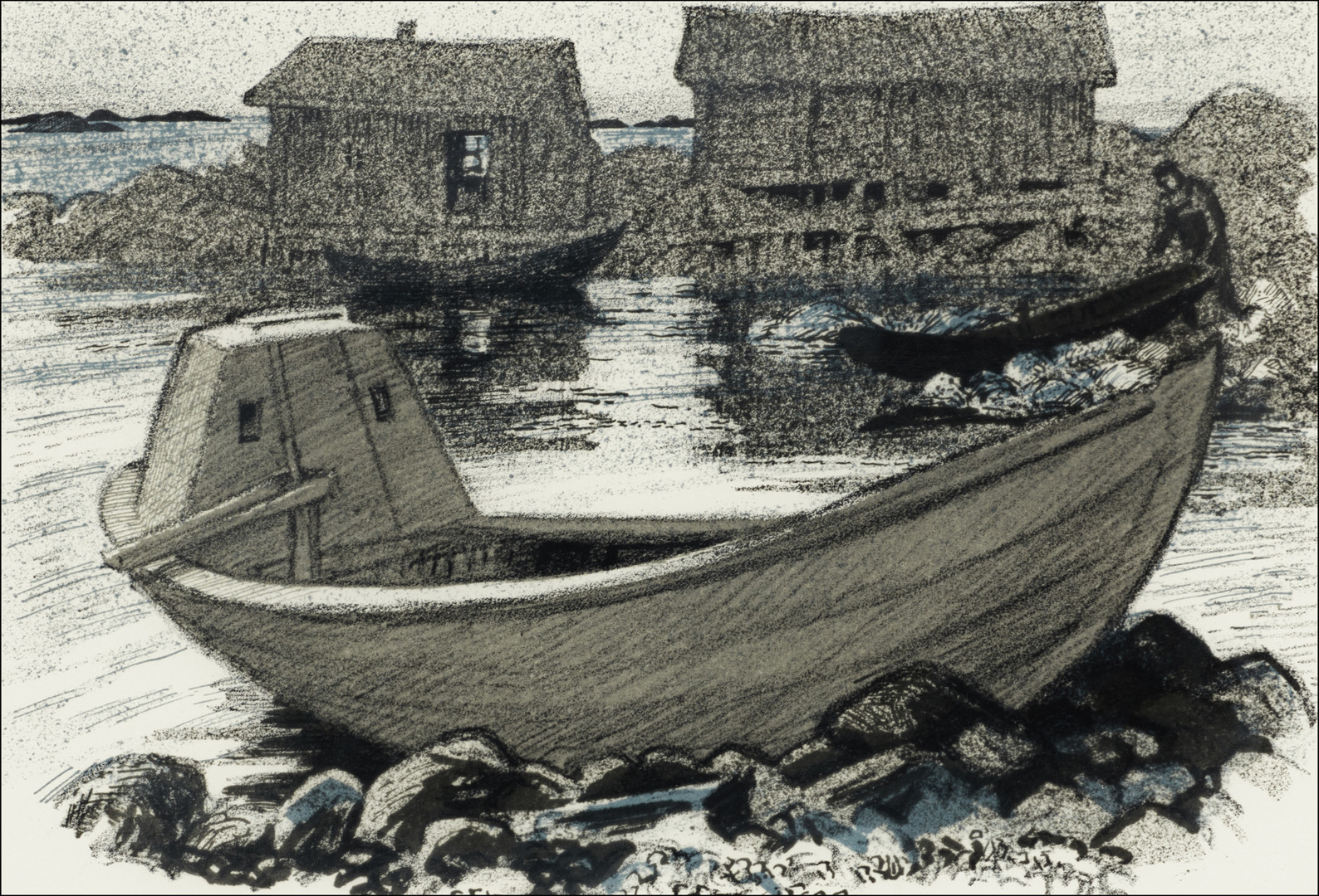ROLAND SVENSSON (1910-2003). Gammalt fiskeläge, signerad och numrerad 79/310, färglitografi.