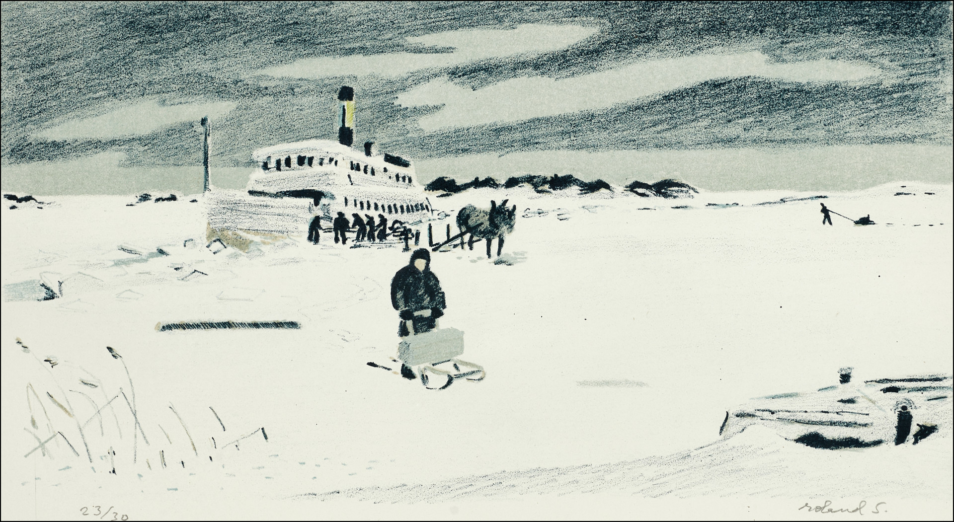 ROLAND SVENSSON (1910-2003). Möte på isen, signerad och numrerad 23/30, färglitografi.