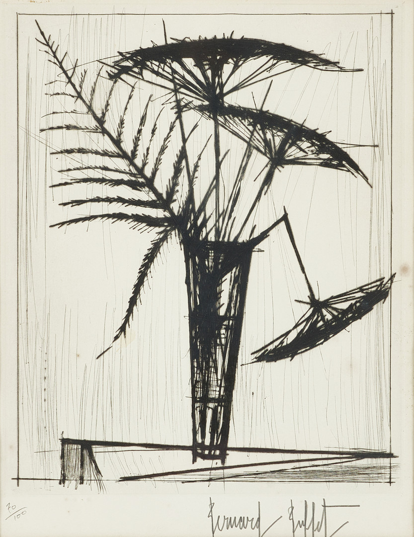 BERNARD BUFFET (FRANKRIKE, 1928-1999). "Ombrelles" (1966), signerad, numrerad 70/100, etsning.