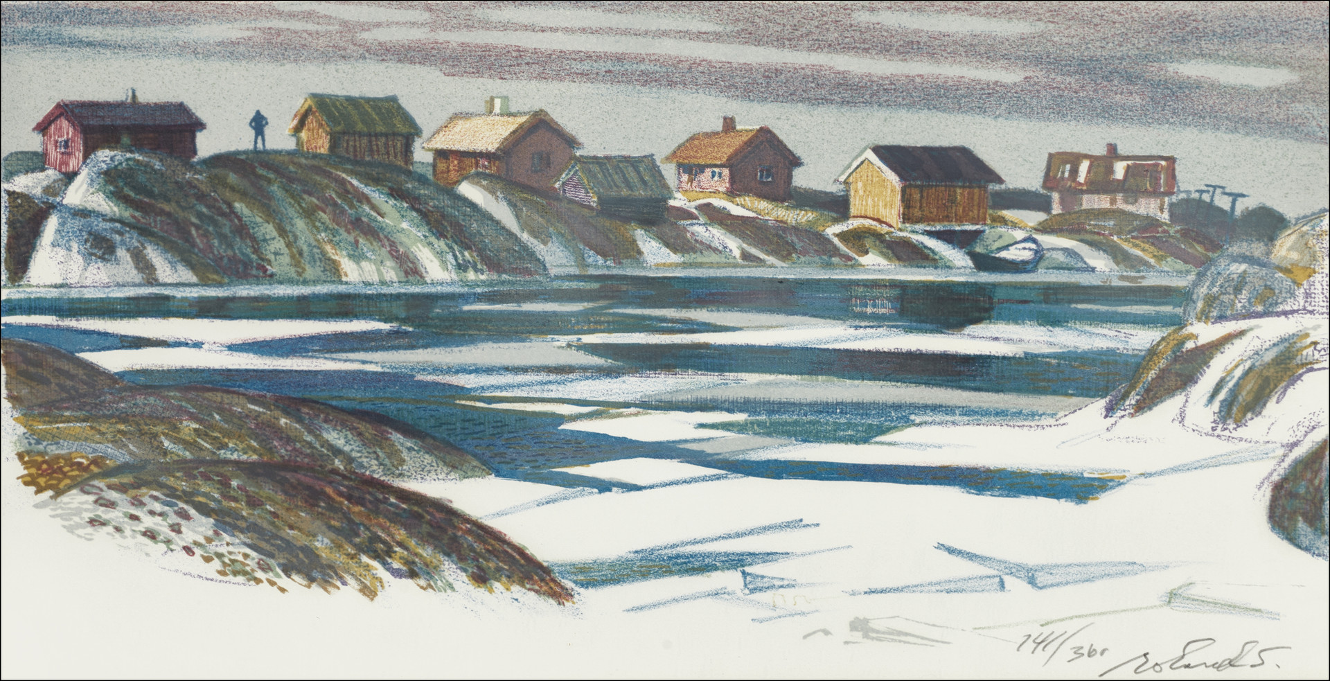 ROLAND SVENSSON (1910-2003). Våris i Gillöga, västerhamn, signerad och numrerad 141/360, färglitografi.