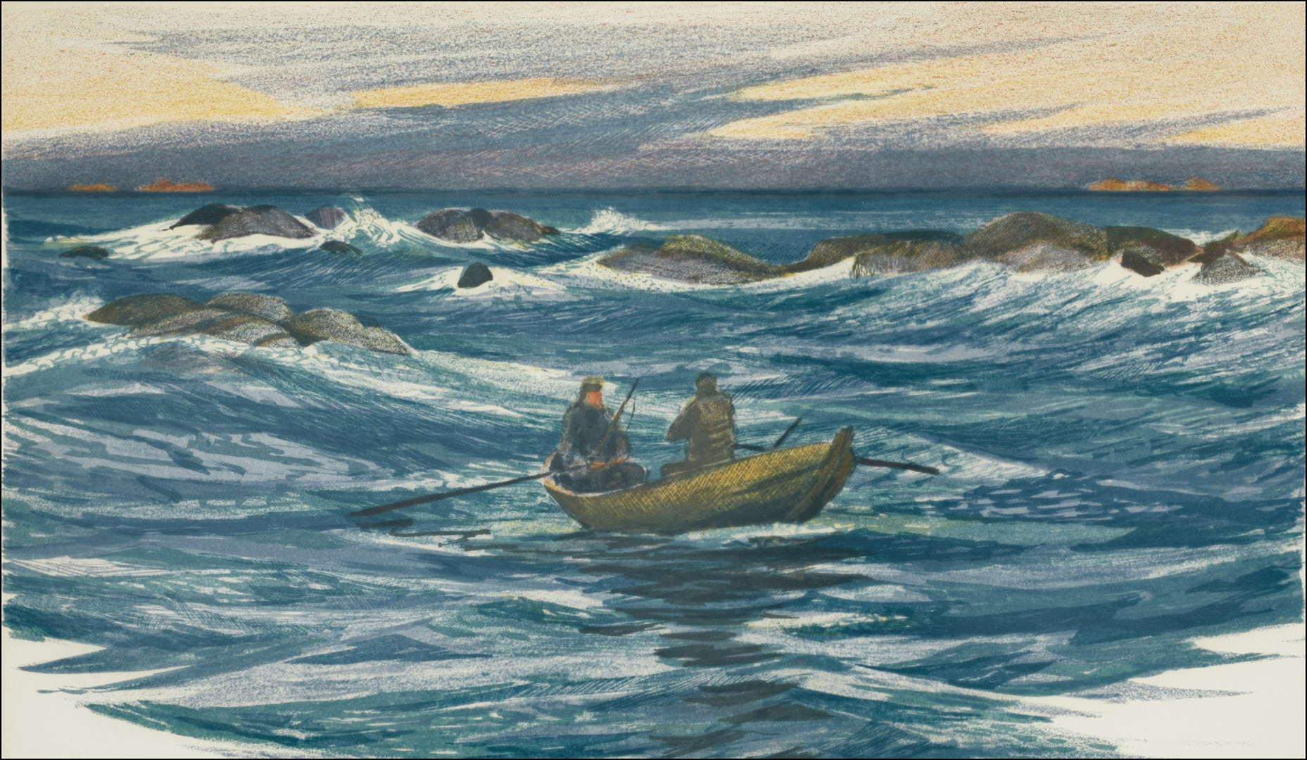 ROLAND SVENSSON (1910-2003). "Jägarna", signerad, p.t, färglitografi.