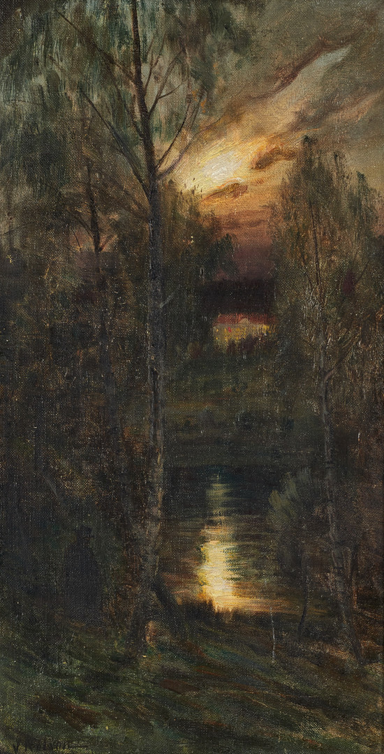 VALFRID NELSON (SVERIGE, 1849–1930). Skymningslandskap med mörk gestalt, signerad, olja på duk uppfodrad på pannå.