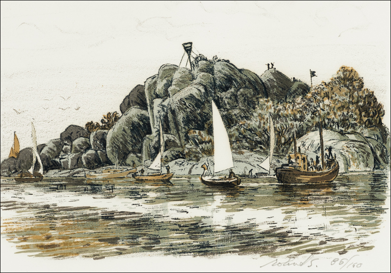 ROLAND SVENSSON (1910-2003). "Norrpada Pelarberget" signerad och numrerad 86/160, färglitografi.