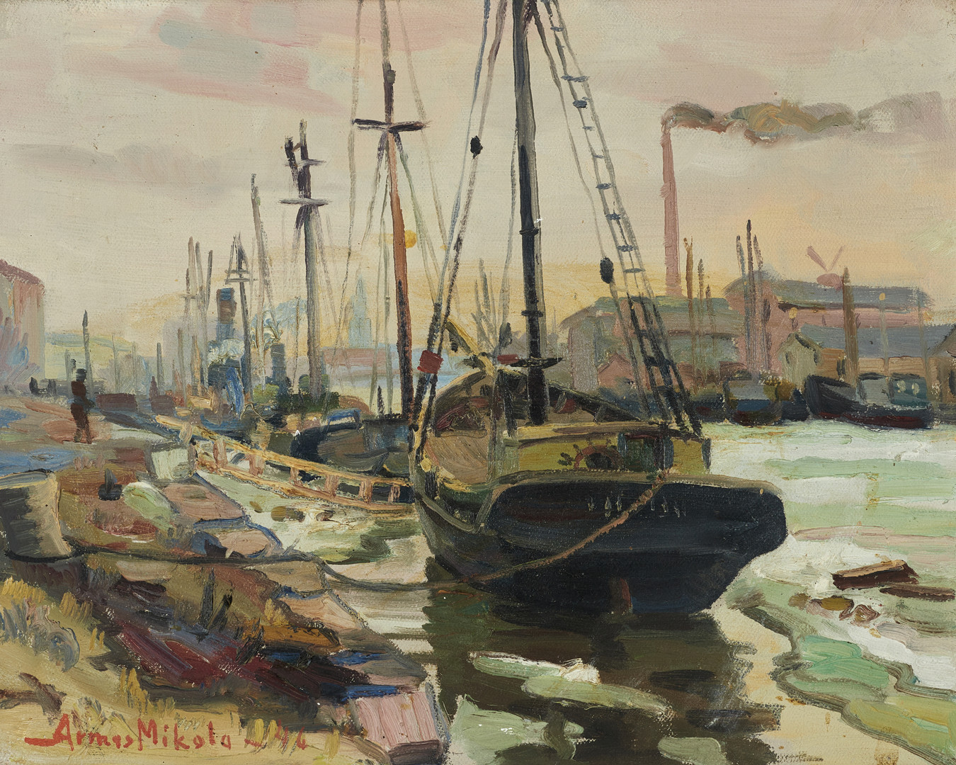 ARMAS MIKOLA (Finland, 1901-1983), Båtar i hamn, signerad, daterad -46, olja på duk.