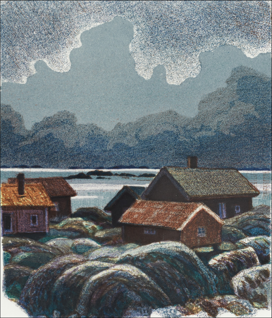 ROLAND SVENSSON (1910-2003). "Röder utskär/Höstkväll", signerad och daterad sept 1981, färglitografi.