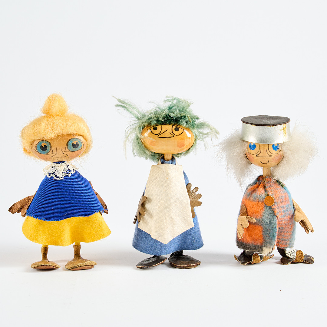 ATELIER FAUNI. Mumindockor, "Mymlan", "Misan" samt "Rådd-djuret", 1955-71, Finland.