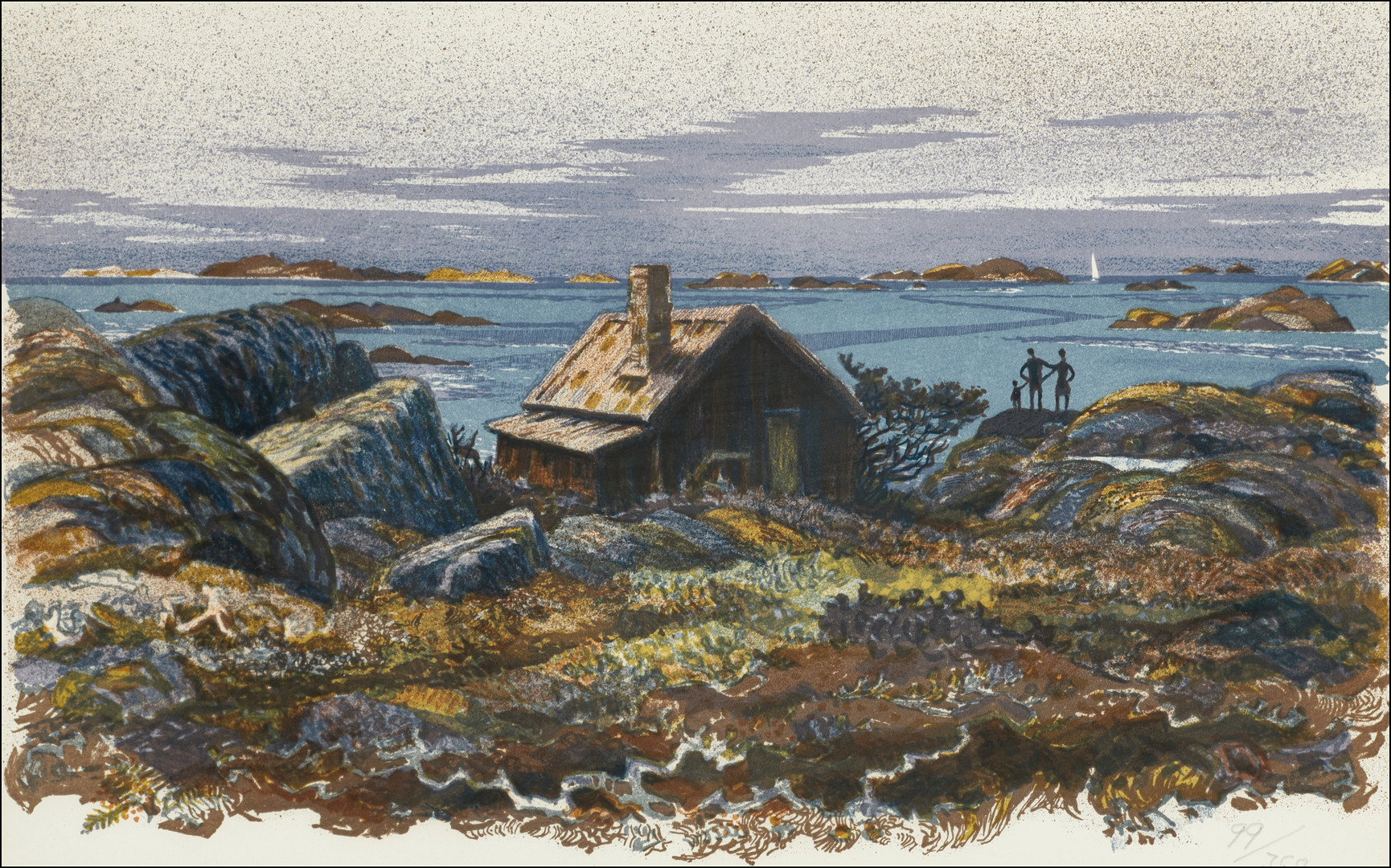 ROLAND SVENSSON (1910-2003). Väntan Kallskär, signerad och numrerad 99/360, färglitografi.
