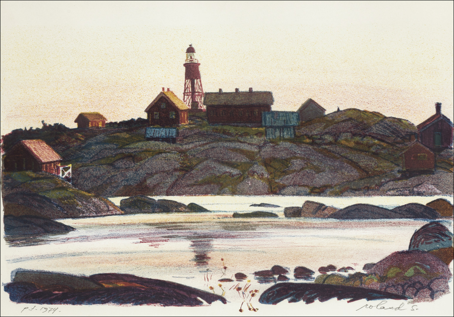ROLAND SVENSSON (1910-2003). Svenska högarnas fyrplats, signerad och daterad 1974, p.t, färglitografi.