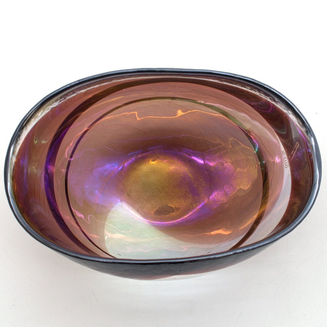YALOS MURANO KUNSTGLASSCHALE IRISIERENDES DEKOR, MIT SIGNATUR UND ETIKETT.
