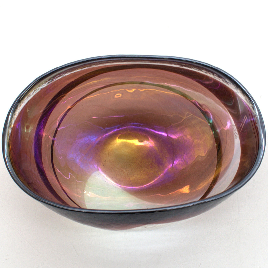 YALOS MURANO KUNSTGLASSCHALE IRISIERENDES DEKOR, MIT SIGNATUR UND ETIKETT.
