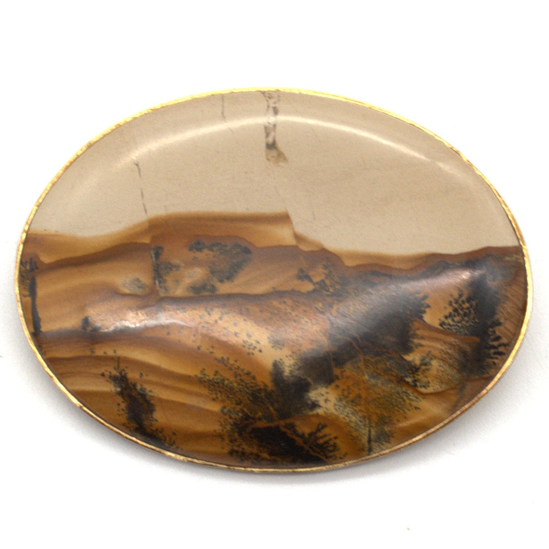 DESIGNER BROSCHE MIT LANDSCHAFTSACHAT EINGEFASST IN VERGOLDETEM SILBER 20. JAHRHUNDERT.