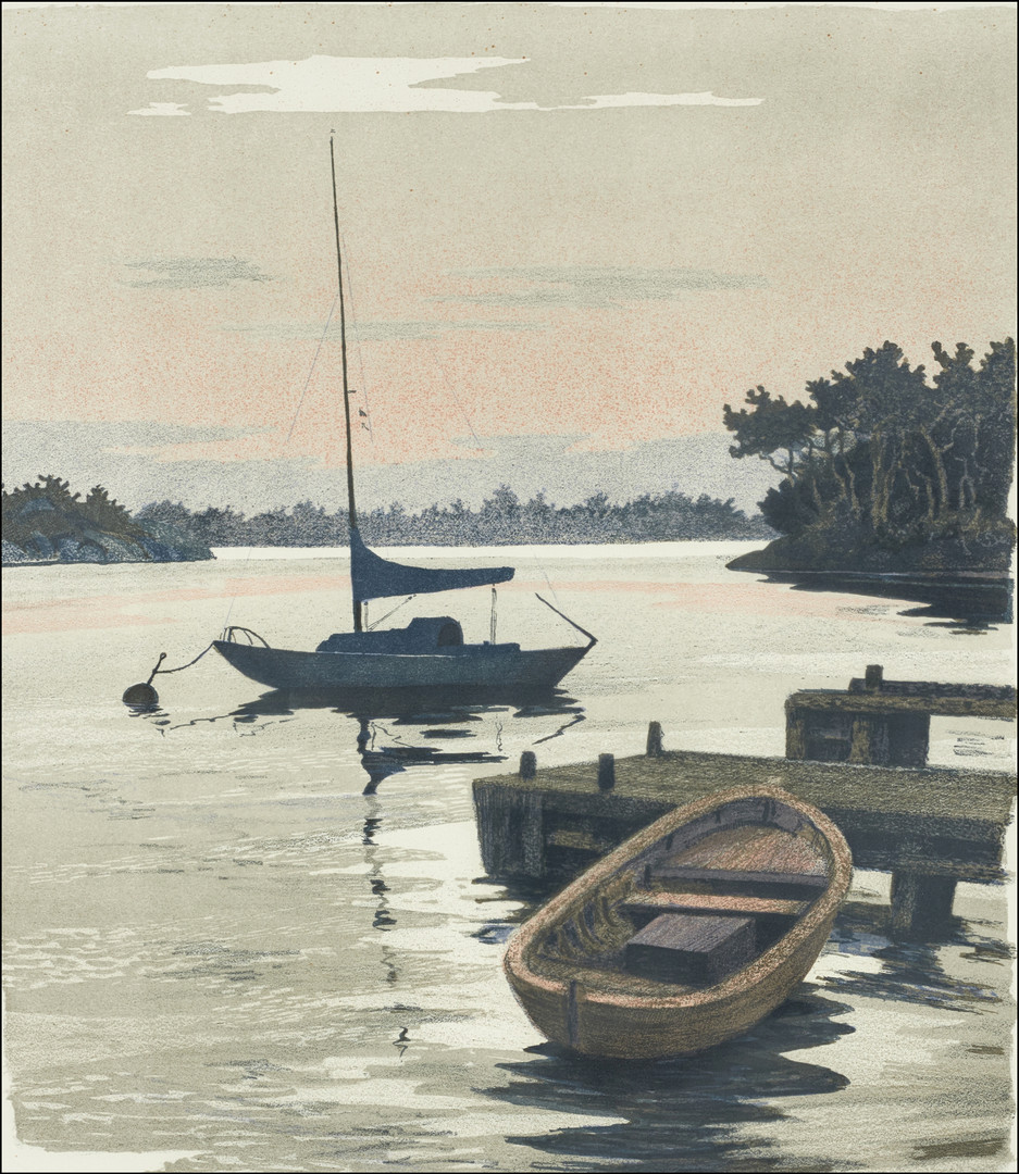 ROLAND SVENSSON (1910-2003). Sommarkväll- Tornö-Mjöja, signerad och daterad nov 79, p.t, färglitografi.