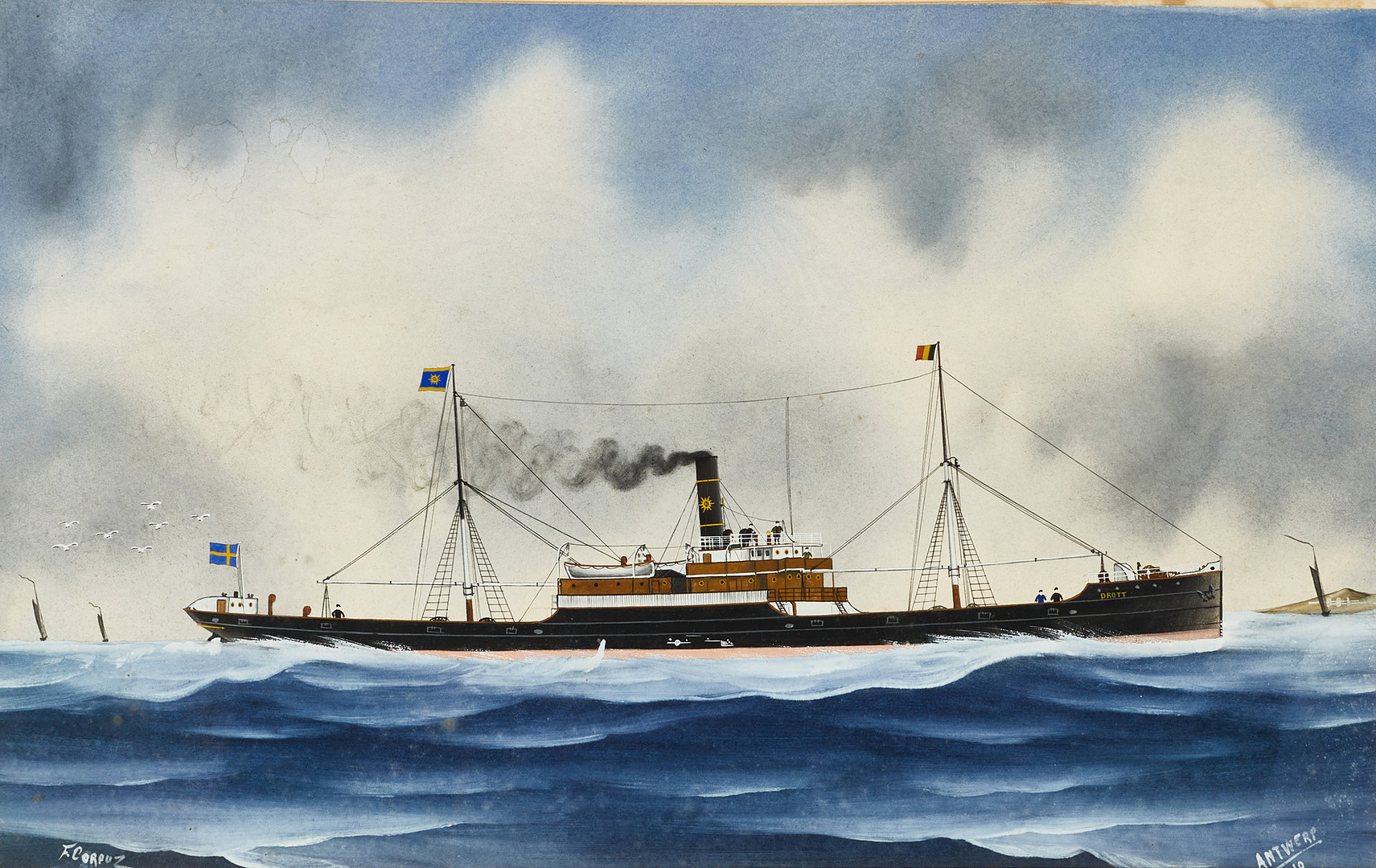 F. CORPUZ. Fartyget Drott, signerad, daterad Antwerp 1910, gouache på papper.