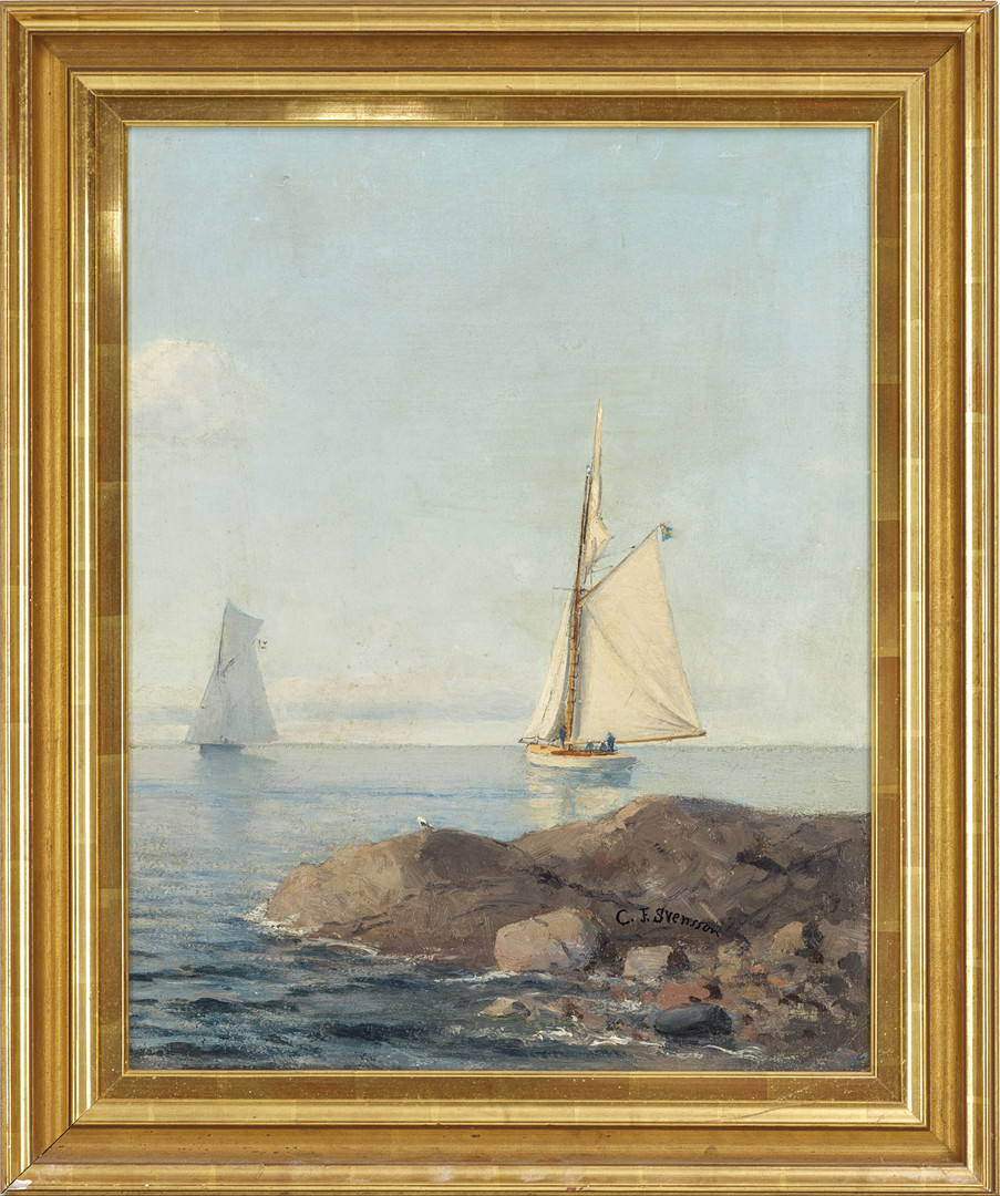 CHRISTIAN FREDRIK SVENSSON (1834-1909). tillskriven, Segelbåtar i skärgård, olja på duk, monterad på pannå.
