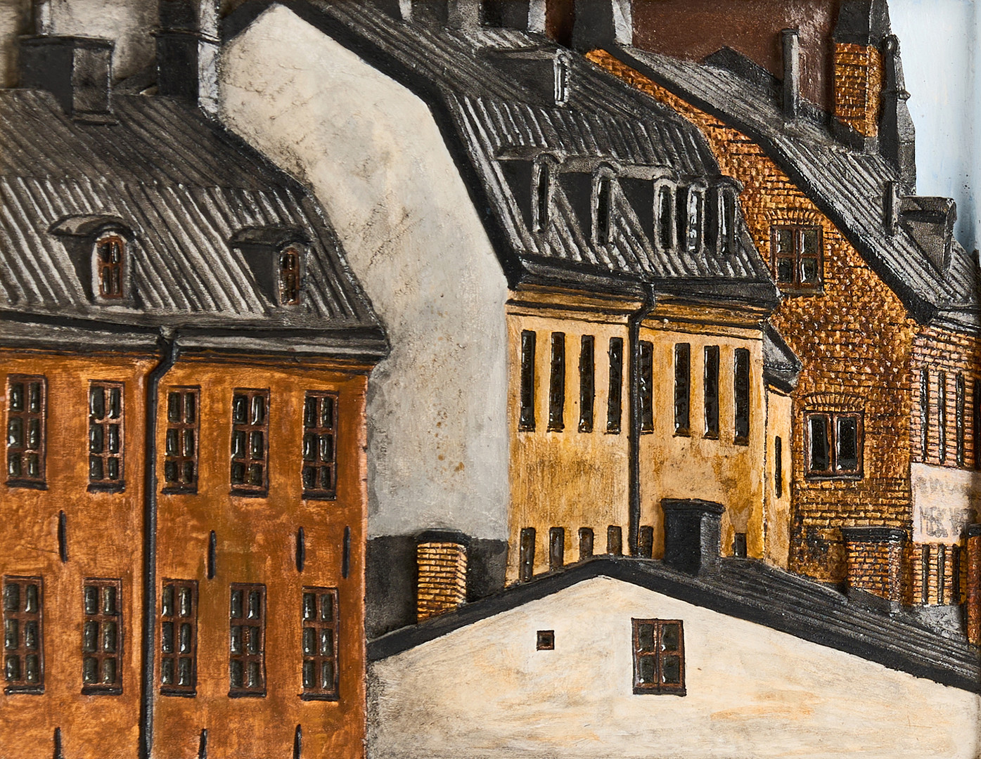 SVEN TELJARE ERIKSSON (F. 1932). Motiv från Södermälarstrand - Stockhol, signerad, skuren och bemålad trärelief.