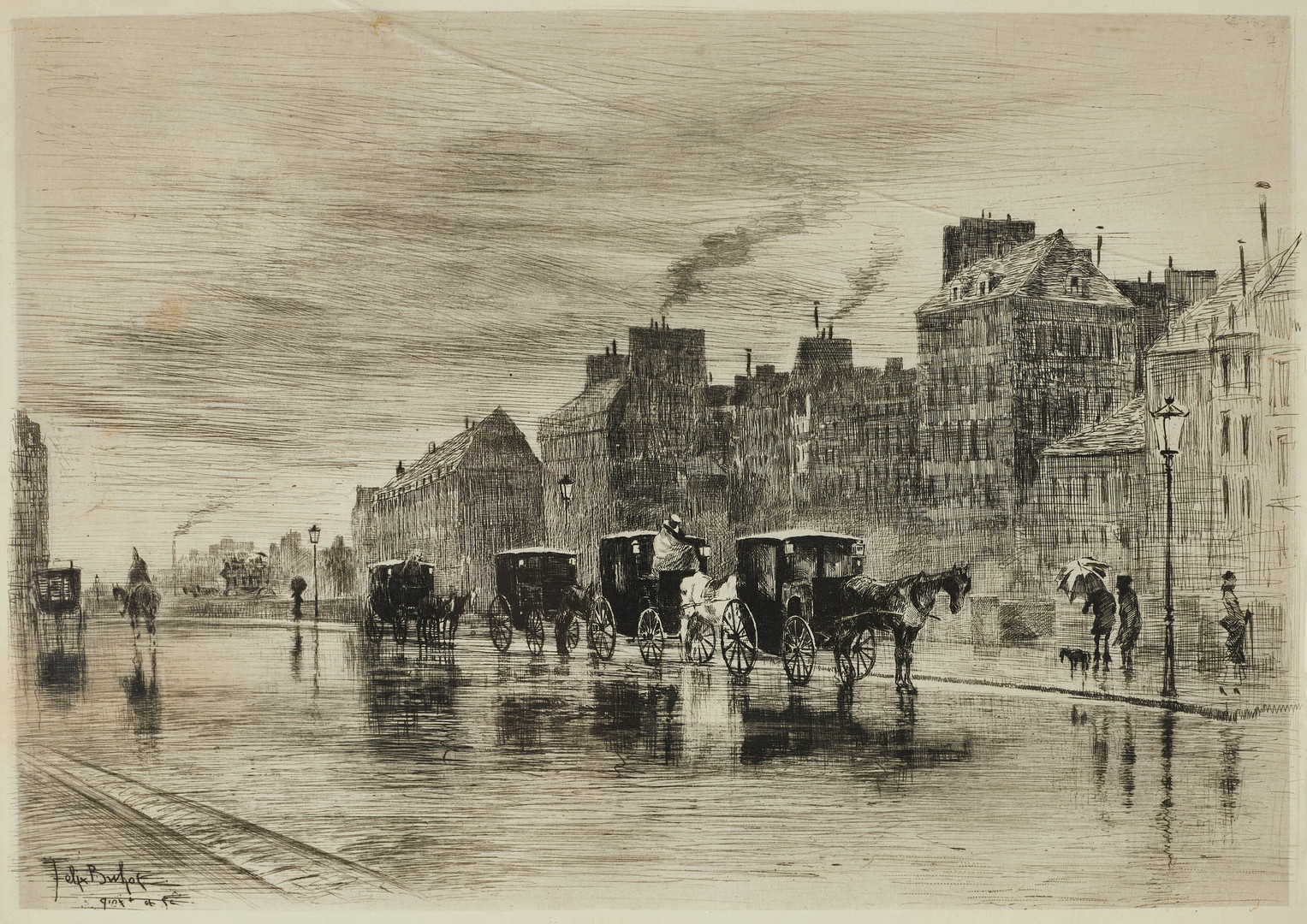 FELIX HILAIRE BUHOT (FRANKRIKE, 1847-1898). "Winter Morning on Quai de l'Hôtel-Dieu" (1884), signerad, etsning.