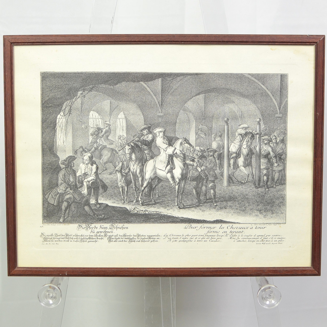 JOHANN ELIAS RIDINGER (1698–1767), JOHANN DANIEL HERZ DER ÄLTERE (1693-1754), JEREMIAS WOLFF (1663-1724). "DIE PFERDE ZUM SCHIESSEN ZU GEWÖHNEN"/"POUR FORMER LES CHEVAUX À TENIR FERME EN TIRANT", KUPFERSTICH, AUGSBURG, 1722.