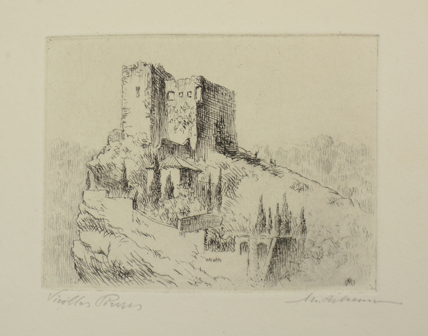 MAURICE ACHENER. 2 st etsningar. Julhälsning med etsning.1961 Vielle pierres + St Sernin les Pins. numrerad 12/30.