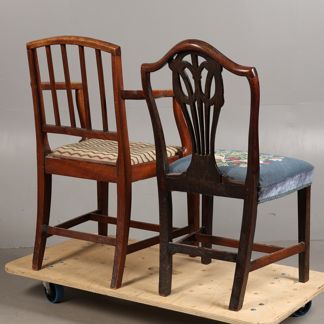A 19TH CENTURY CARVER CHAIR AND A REGENCY MAHOGANY DINING CHAIR (2).