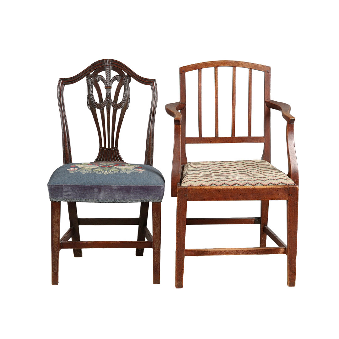 A 19TH CENTURY CARVER CHAIR AND A REGENCY MAHOGANY DINING CHAIR (2).