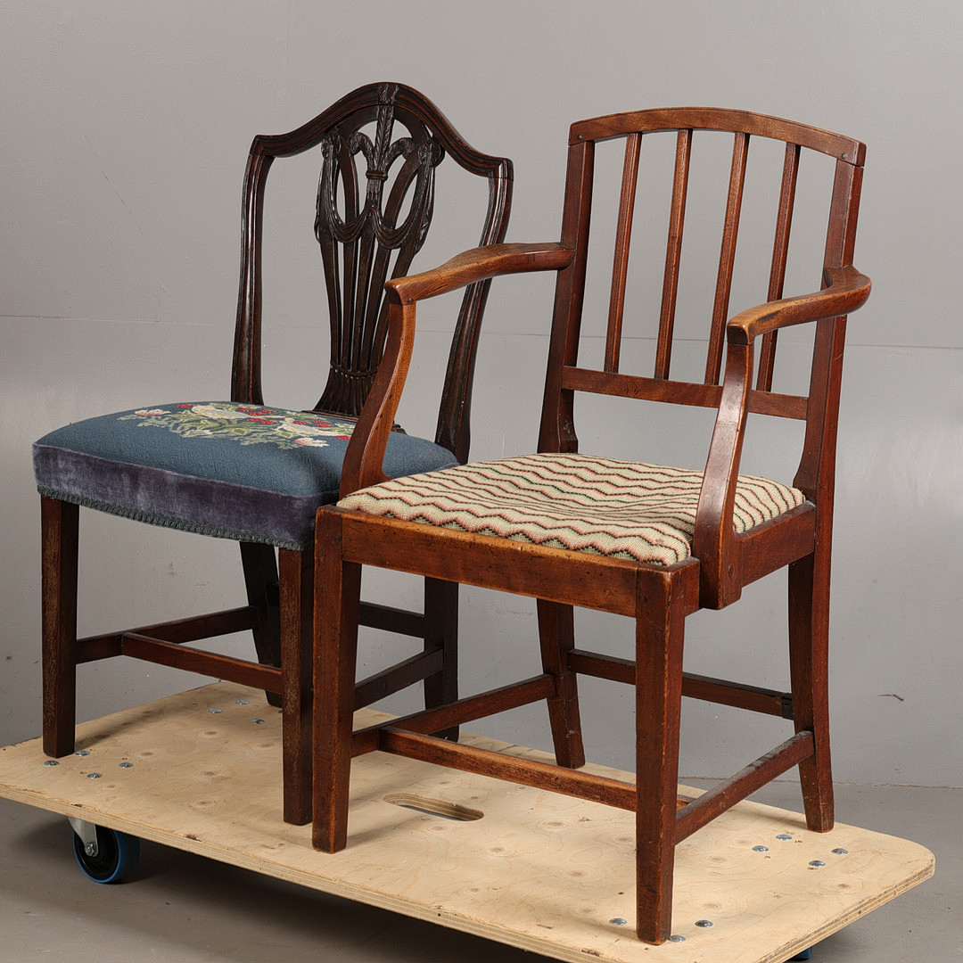 A 19TH CENTURY CARVER CHAIR AND A REGENCY MAHOGANY DINING CHAIR (2).
