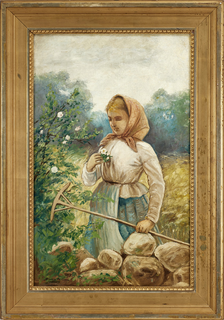 SEVERIN NILSON (SVERIGE, 1846–1918). Flicka vid rosenbuske, signerad Severin Nilson, olja på duk.