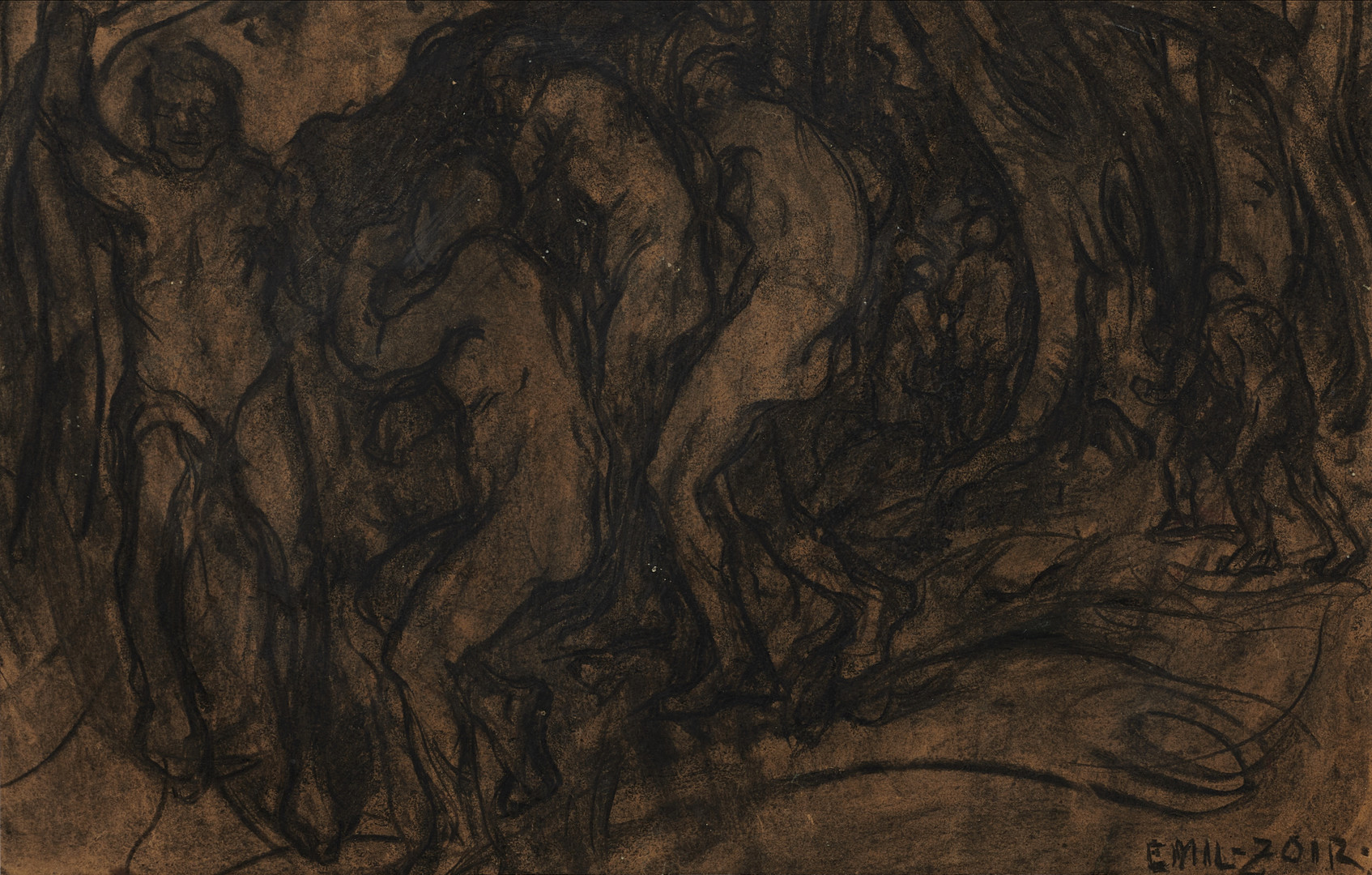 EMILE ZOIR (Sverige, 1861-1936), Bacchanal, signerad, kolteckning.