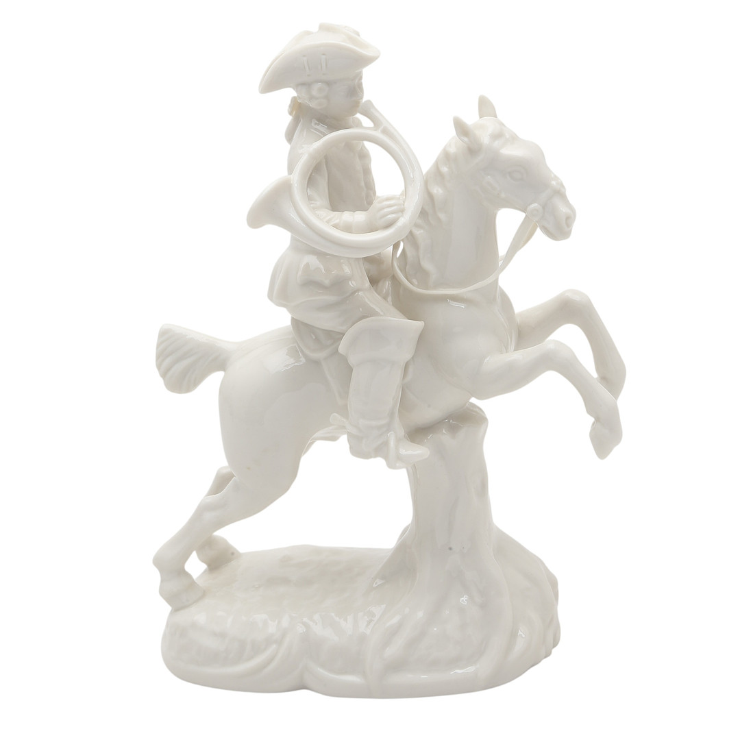 "Hunter on horseback", Nymphenburg glazed porcelain figure, 20th Century.