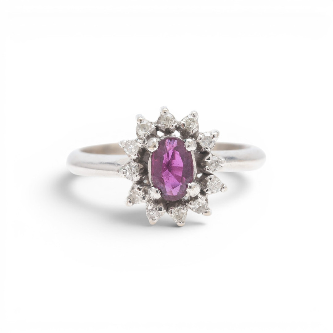 Ruby and diamonds rosette ring.