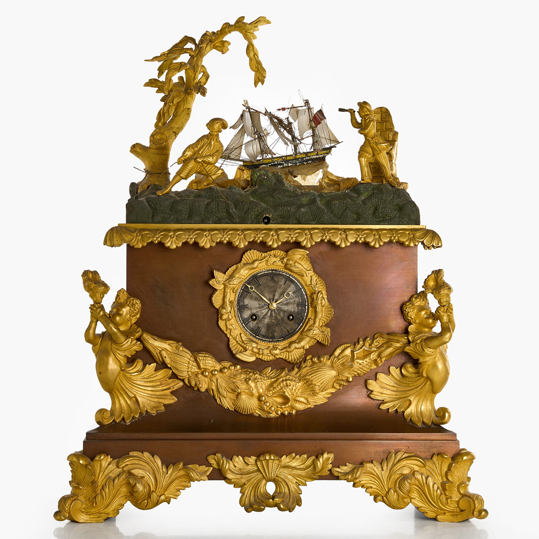 MEKANISKT VERK, med urverk och musikapparat, senempir, Frankrike, omkring 1800-talets mitt, patinerad och förgylld brons.