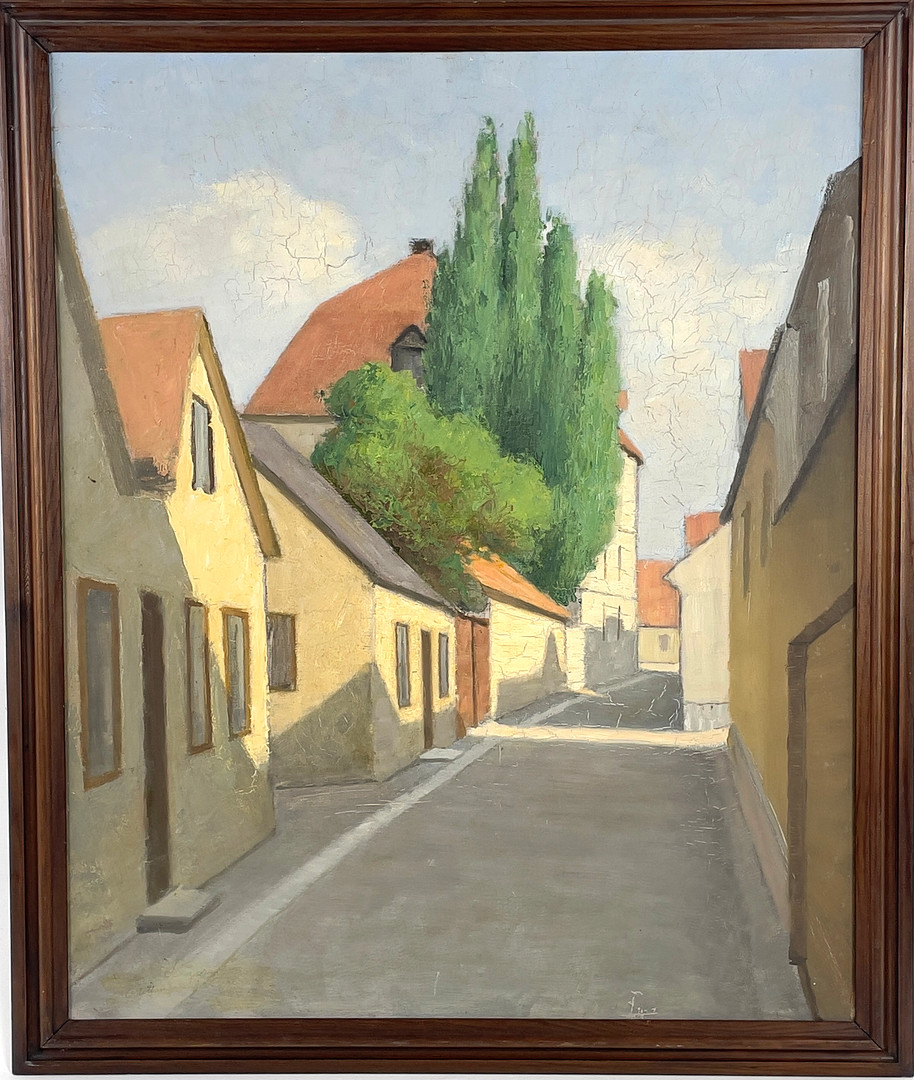 VICTOR LAGERSTRÖM. Visbymotiv, "Mellangatan", olja på pannå, signerad.