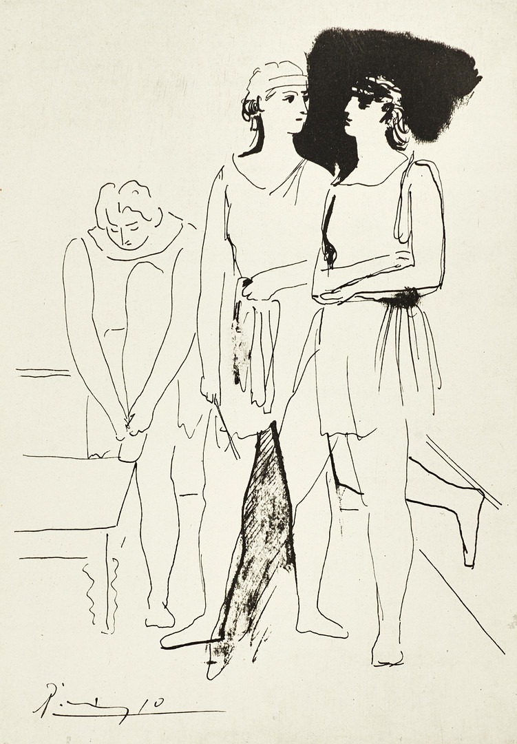 PABLO PICASSO. EFTER. Scen från ryska baletten, 1943, Dessins originaux gravés sur cuivre, utgivare Louis Grosclaude, Zürich, kopparstick.