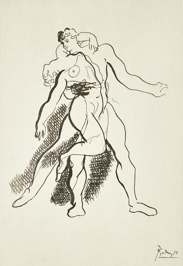 PABLO PICASSO. EFTER. Scen från ryska baletten, 1943, Dessins originaux gravés sur cuivre, utgivare Louis Grosclaude, Zürich, kopparstick.
