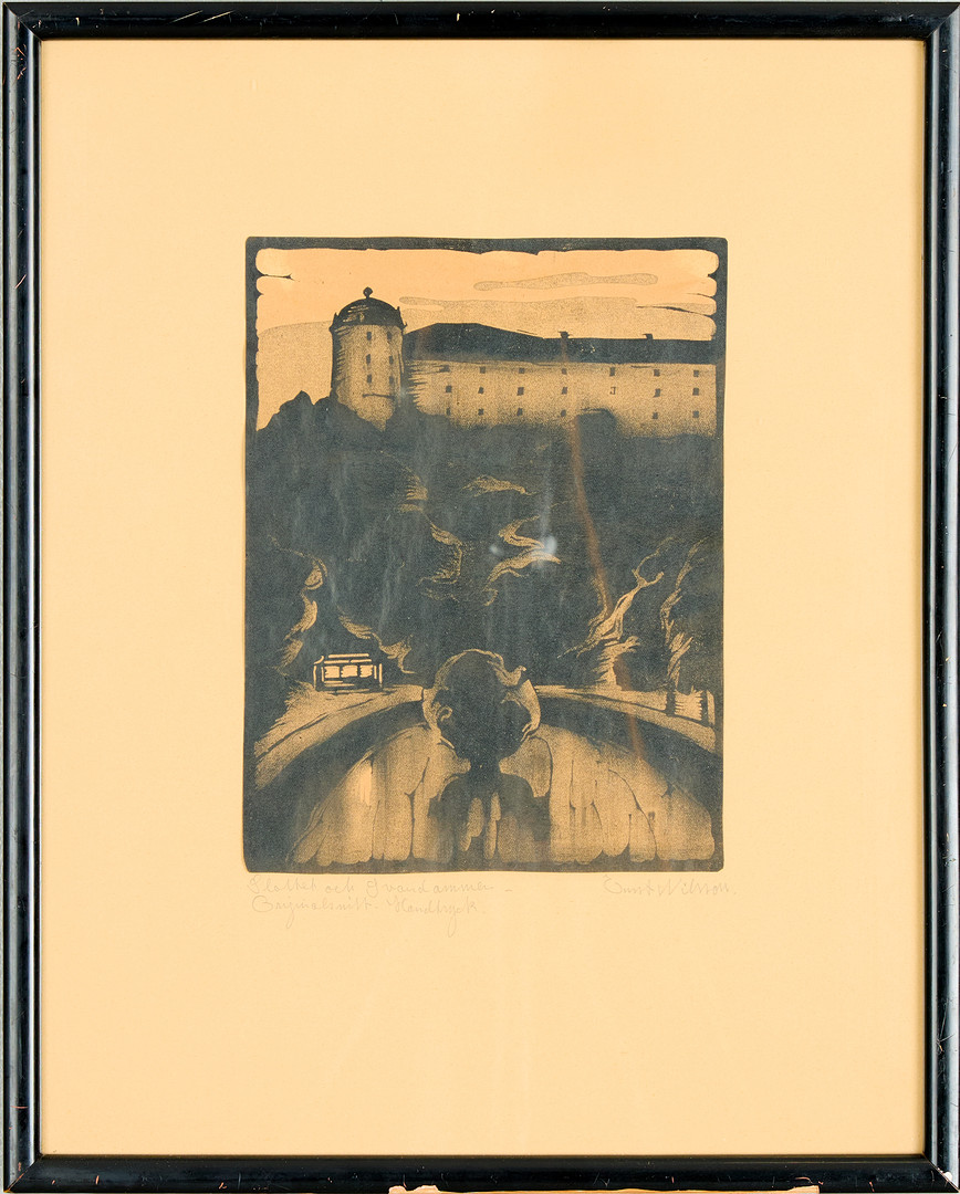 ERNST NILSSON (1892-1937). Träsnitt, "Slottet och svandammen".