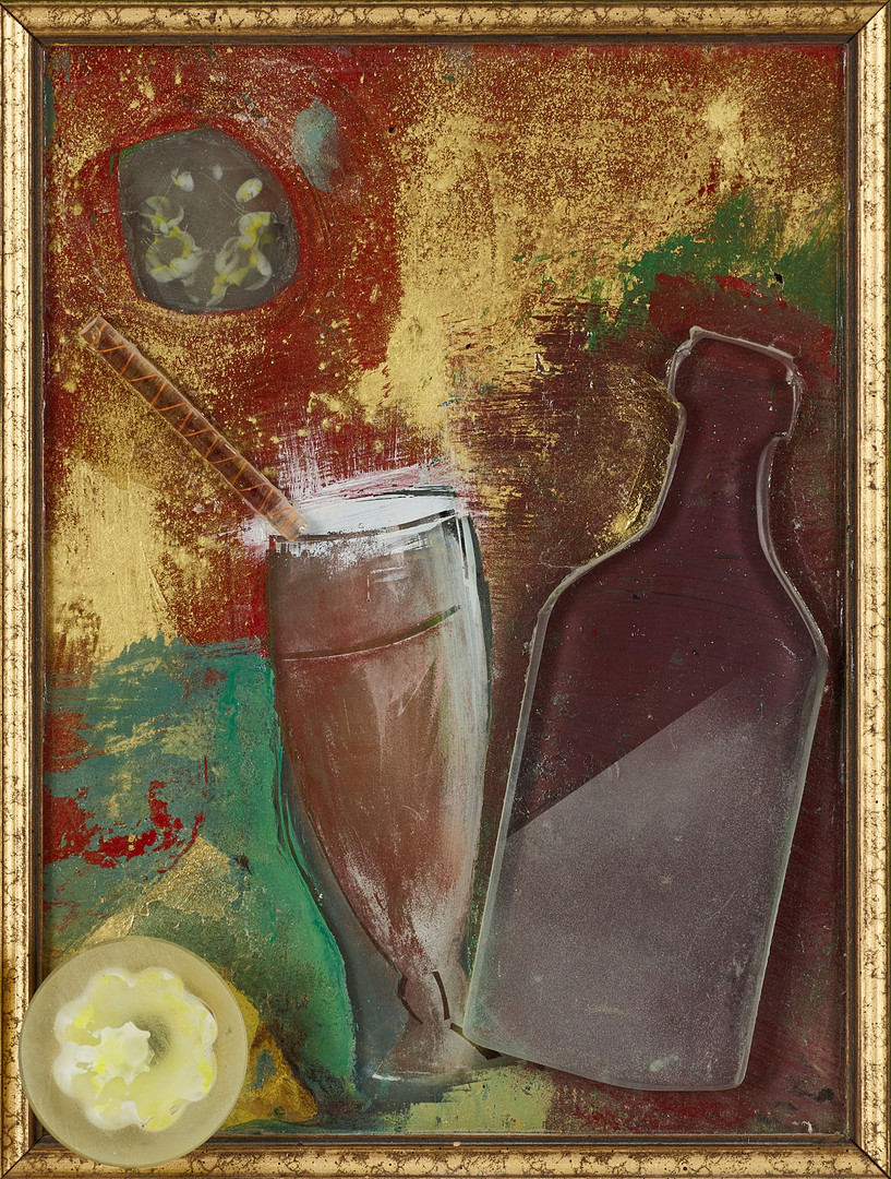 HANS FRODE (FÖDD 1951). "At the beach", signerad, daterad 1992, blandteknik med bemålat glas, med belysning.