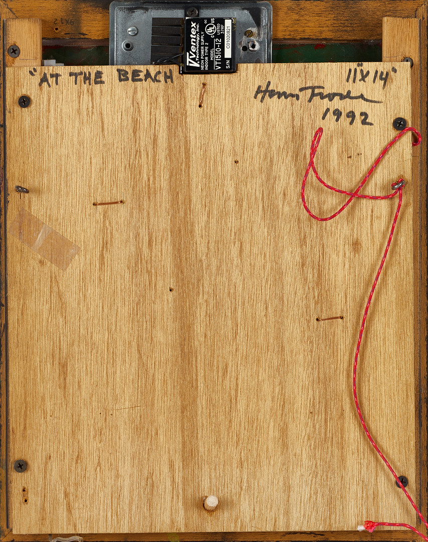 HANS FRODE (FÖDD 1951). "At the beach", signerad, daterad 1992, blandteknik med bemålat glas, med belysning.