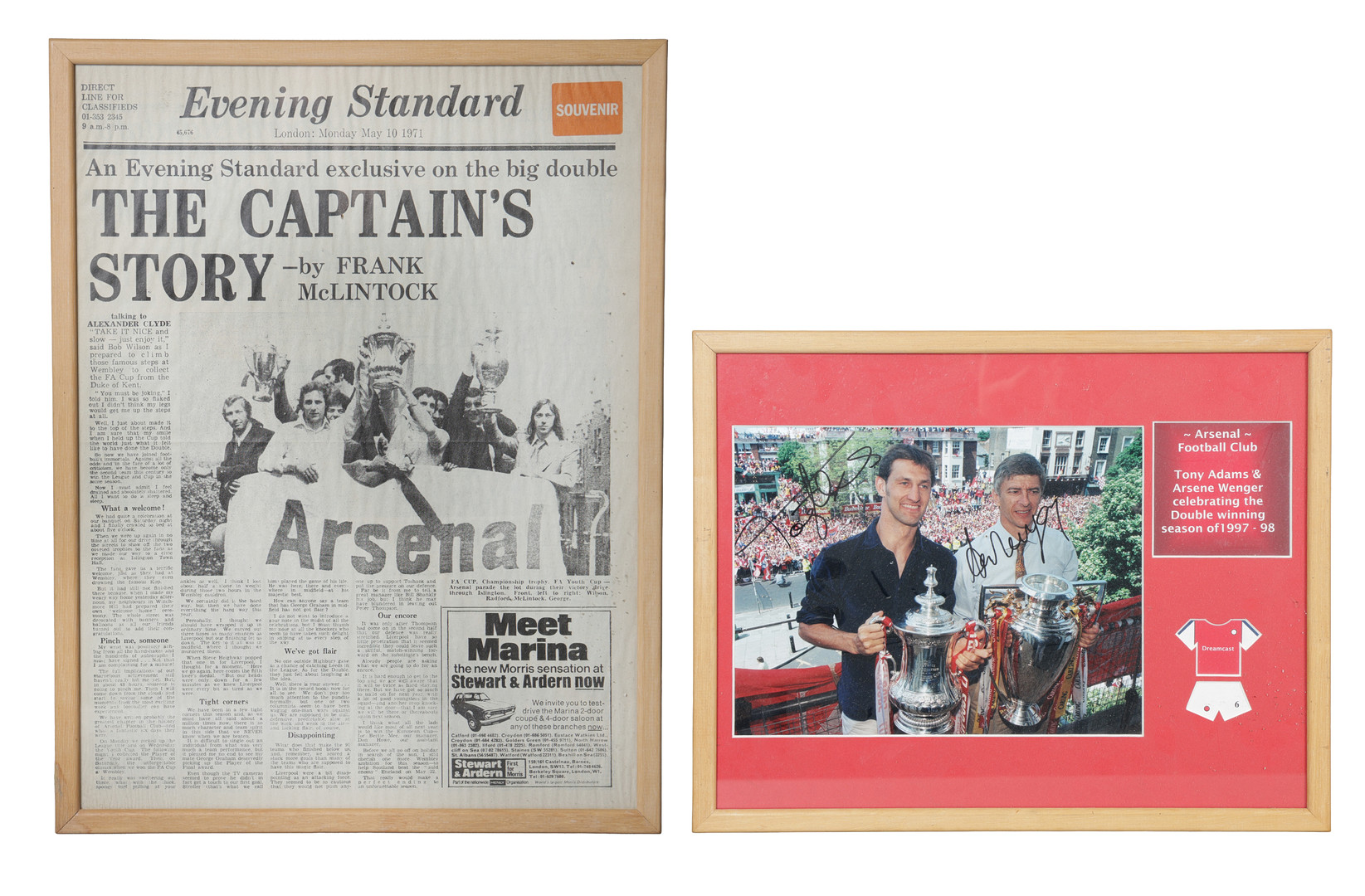 ARSENAL F.C., AN ARSENE WENGER & TONY ADAMS SIGNED PHOTO AND SOUVENIR NEWSPAPER (2).