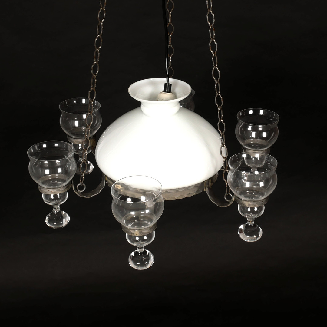 TAKLAMPA, 5-armad, metall och glas, Ogenbrant, 1900-talets sista del.